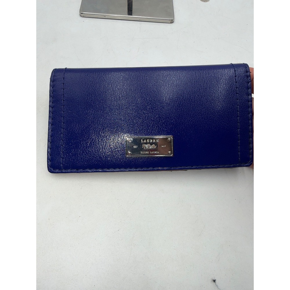 Lauren Ralph Lauren Blue Leather Slim Bifold Wallet Cognac Interior Silver Logo - Picture 2 of 10